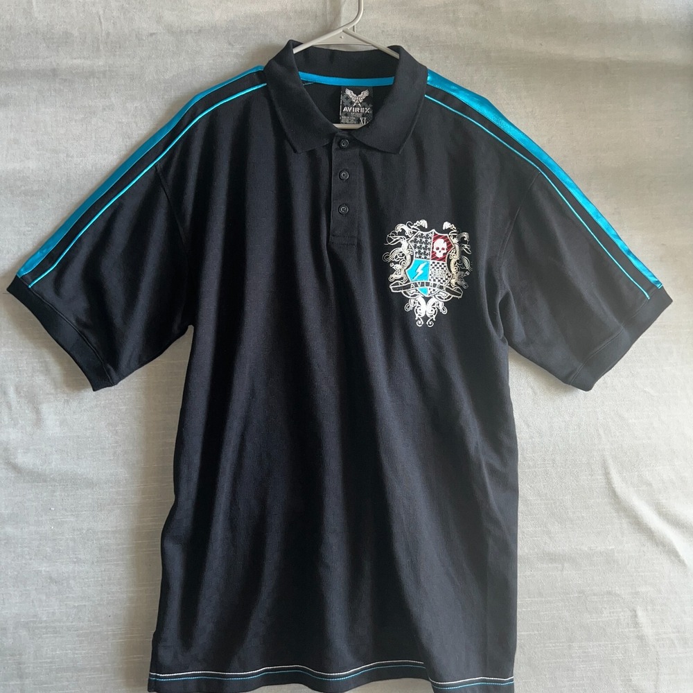 Avirex XL Black Blue Trim Polo Y2K Streetwear Crest Skull Hip-Hop Graphic Shirt - Picture 2 of 11